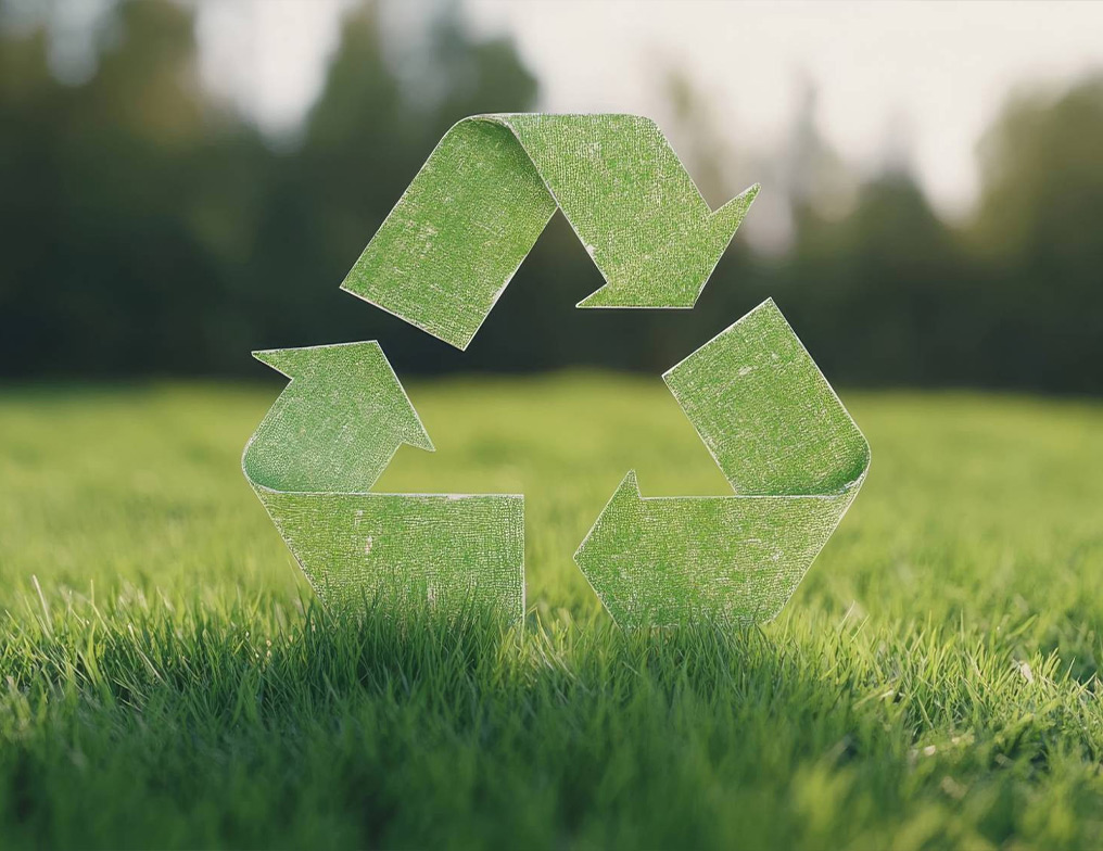 Grünes Recycling-Symbol auf einer Wiese – Symbol für Nachhaltigkeit und ressourcenschonendes Arbeiten mit dem DuroSpray®-System